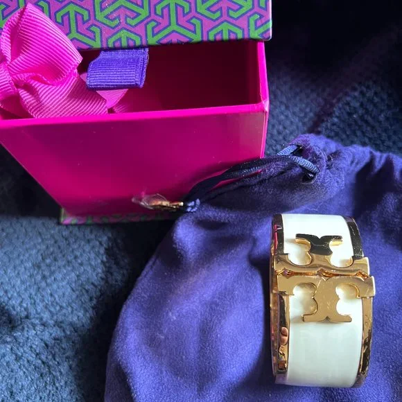TORY BURCH Metallic Enamel Raised Logo Wide Cuff Bracelet - Original Bag and Box - Picture 1 of 6